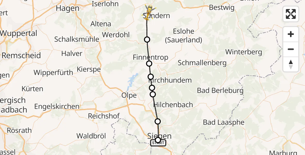 Flugroute Rettungshubschrauber Evangelisches Jung-Stilling Hospital - Sundern (Sauerland), 10 August 2026, 10:36