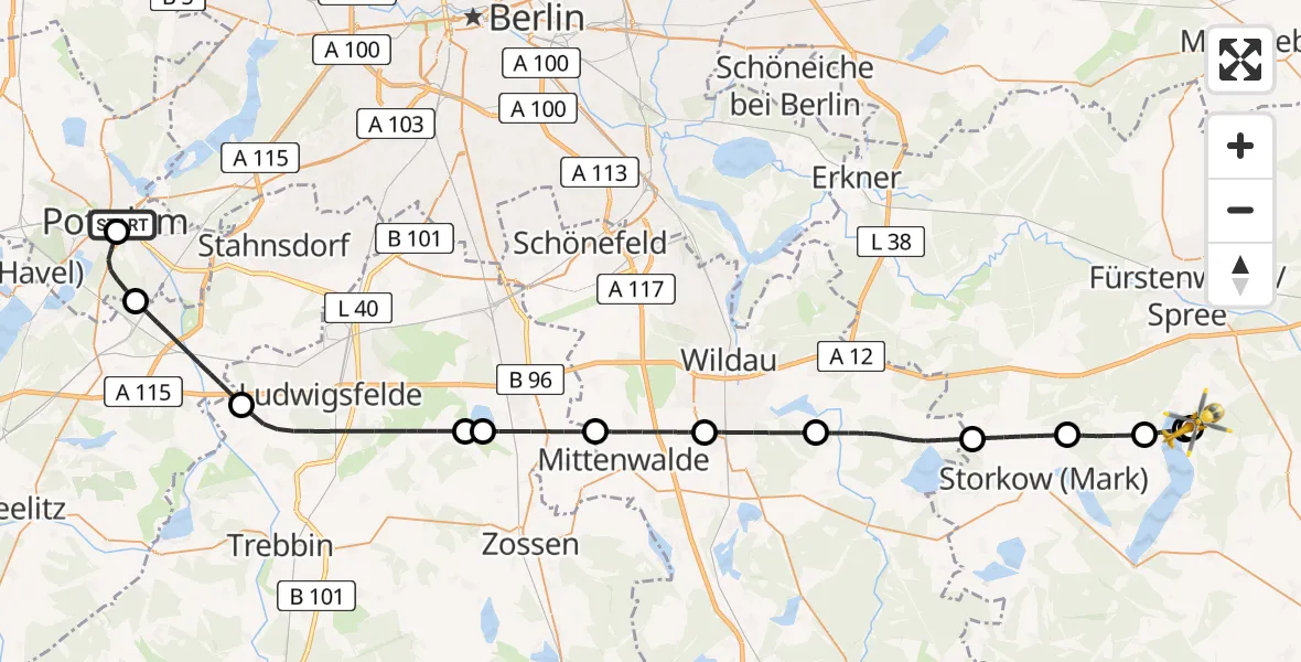 Flugroute Rettungshubschrauber Ernst von Bergmann Clinic Hubschrauberlandeplatz - Bad Saarow, 10 August 2026, 10:42