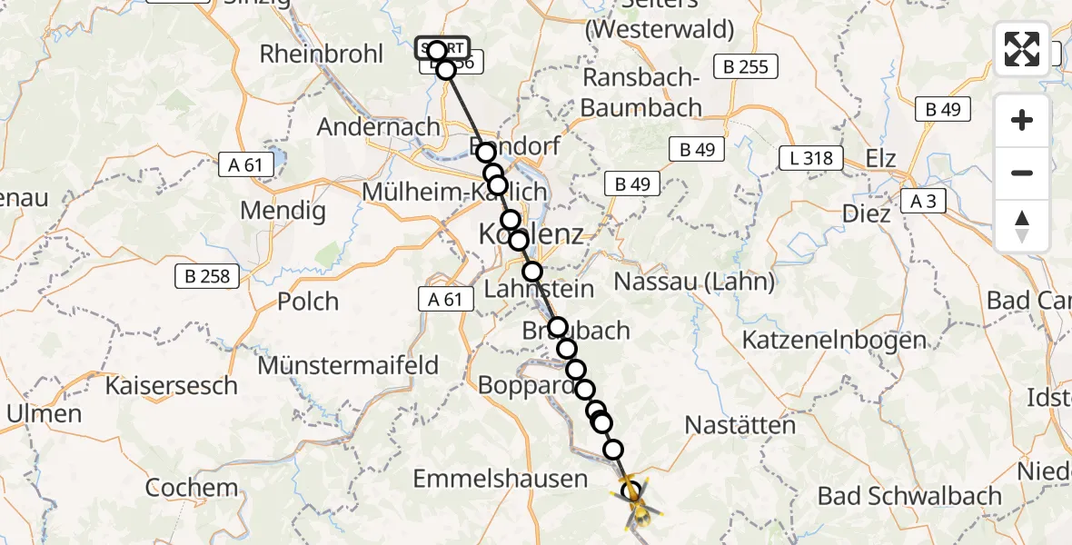 Flugroute Rettungshubschrauber Rengsdorf - Urbar, 10 August 2026, 10:44
