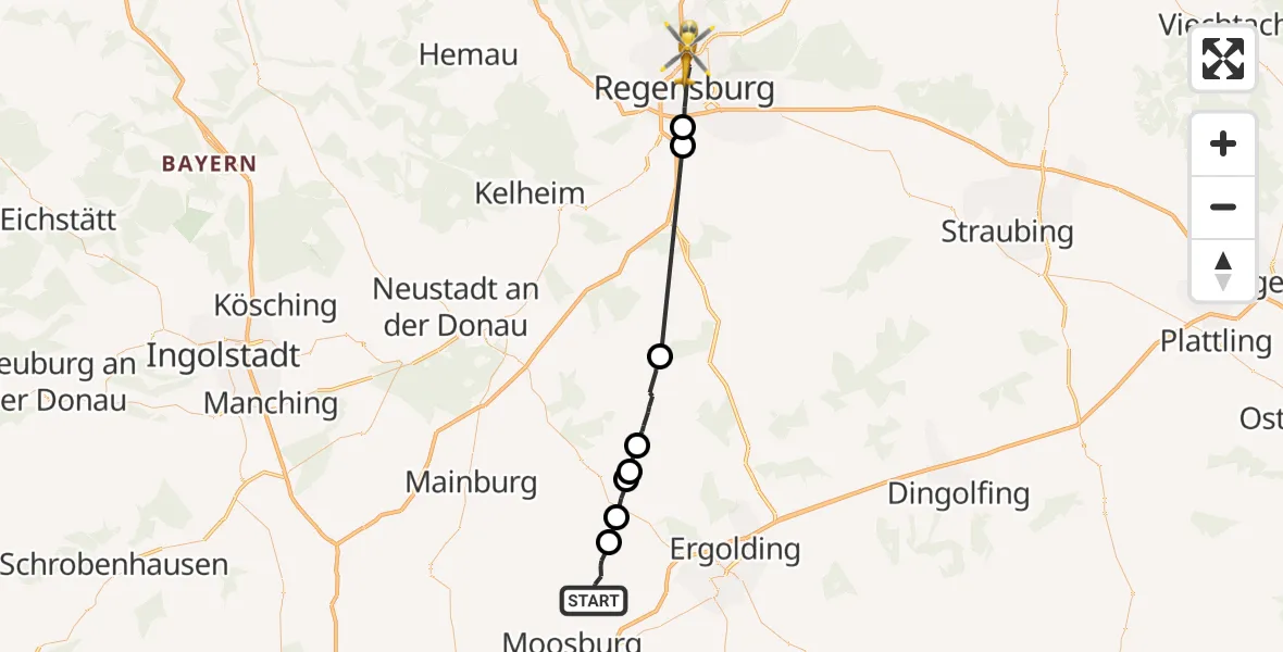Flugroute Rettungshubschrauber Bruckberg - Regensburg, 10 August 2026, 10:49