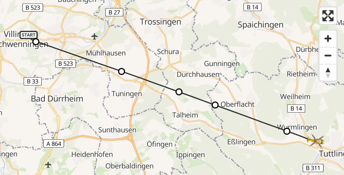 Flugroute Ambulanzhubschrauber DRF Air Rescue Station Villingen-Schwenningen Hubschrauberlandeplatz (Christoph 11) - Tuttlingen, 10 August 2026, 10:49