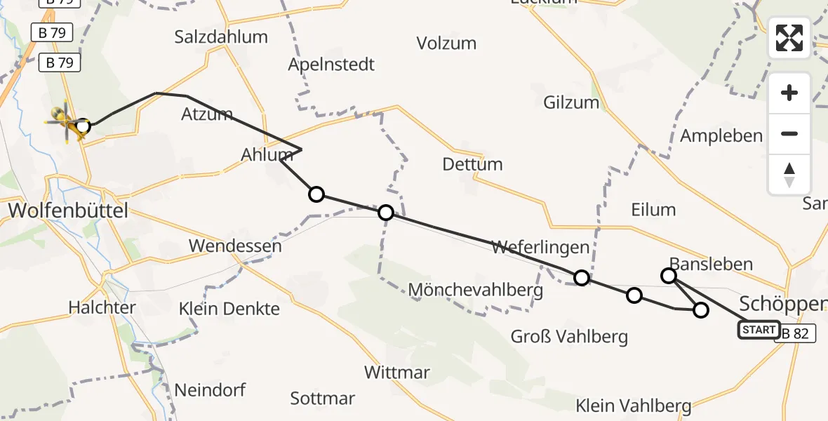 Flugroute Rettungshubschrauber Schöppenstedt - Wolfenbüttel Municipal Hospital Heliport (Christoph 30), 10 August 2026, 10:56