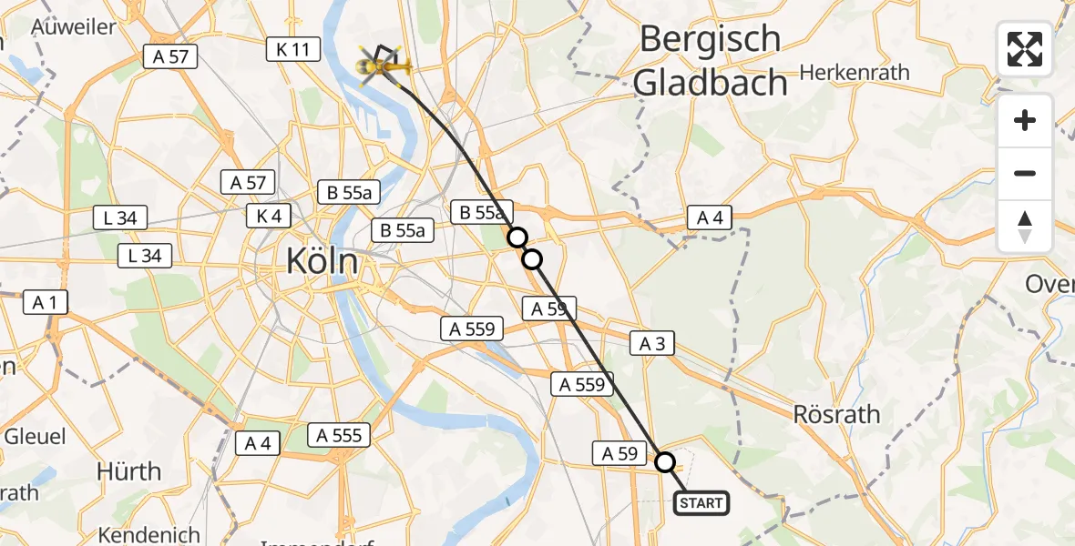 Flugroute Rettungshubschrauber Köln Bonn Flughafen - Köln, 10 August 2026, 10:57