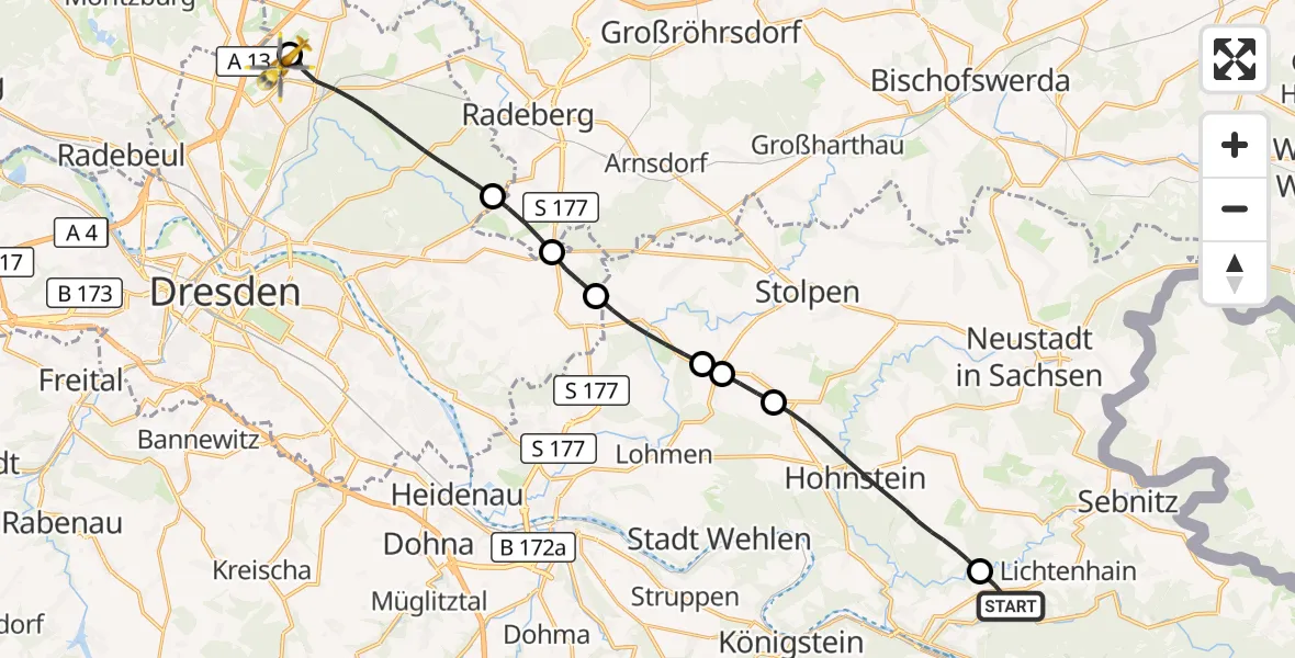 Flugroute Rettungshubschrauber Sebnitz - Dresden Bundespolizei Hubschrauberlandeplatz, 10 August 2026, 10:58
