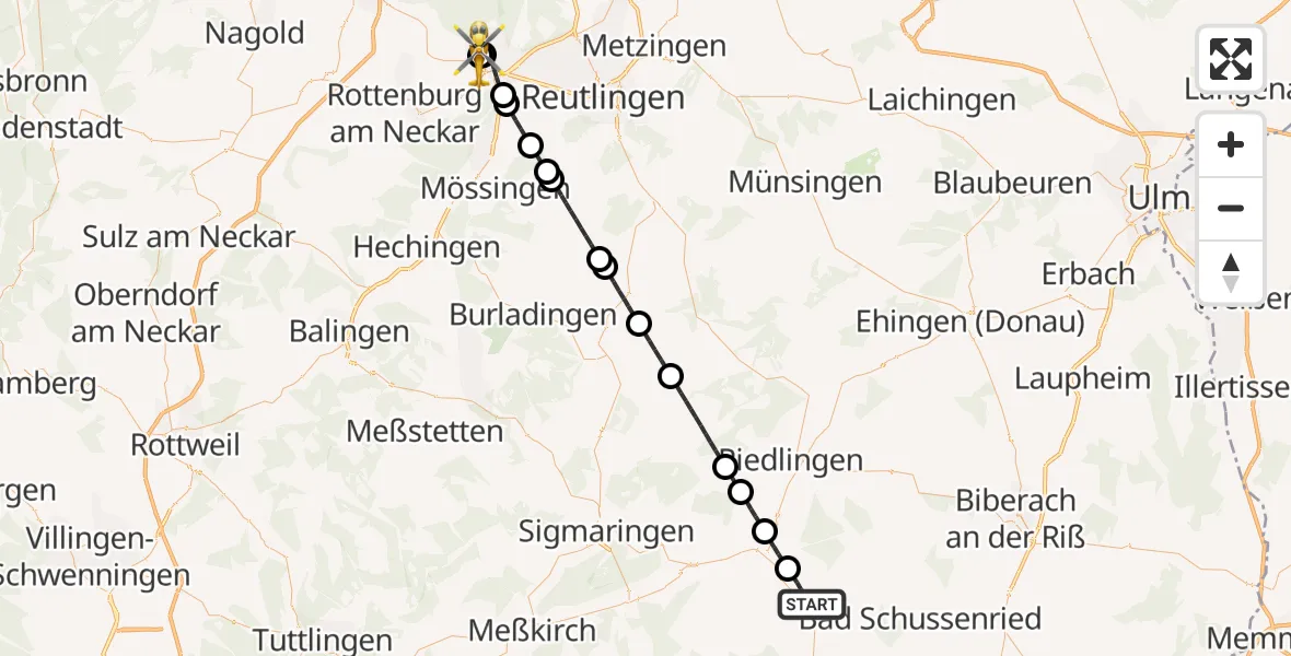 Flugroute Rettungshubschrauber Bad Saulgau - Tübingen University Hospital, 10 August 2026, 11:03