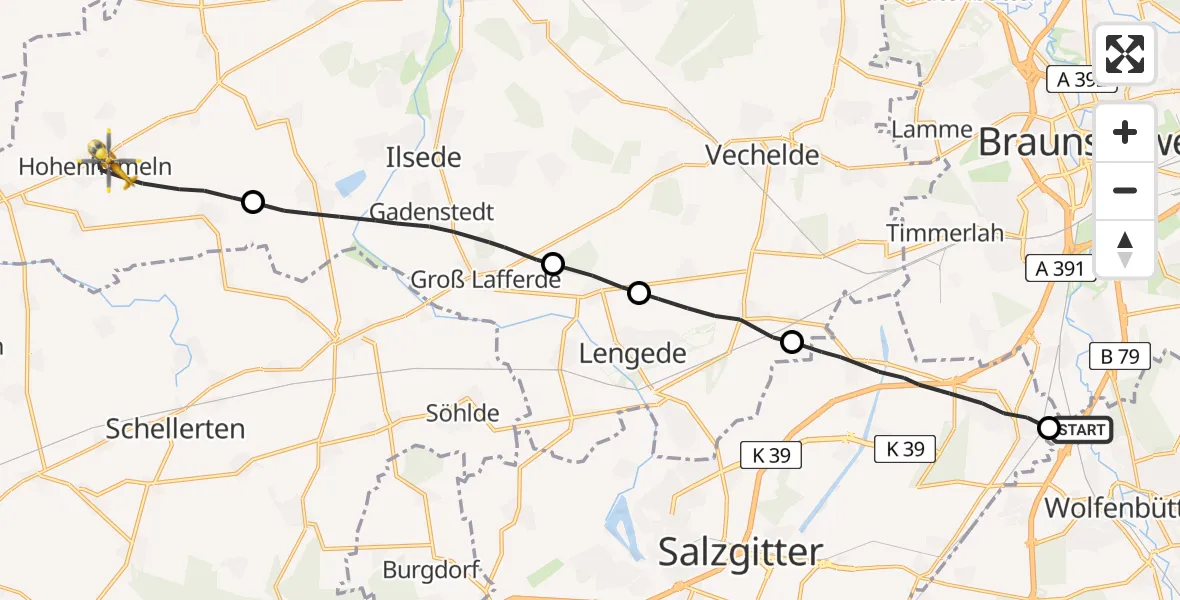 Flugroute Rettungshubschrauber Wolfenbüttel - Hohenhameln, 10 August 2026, 11:15