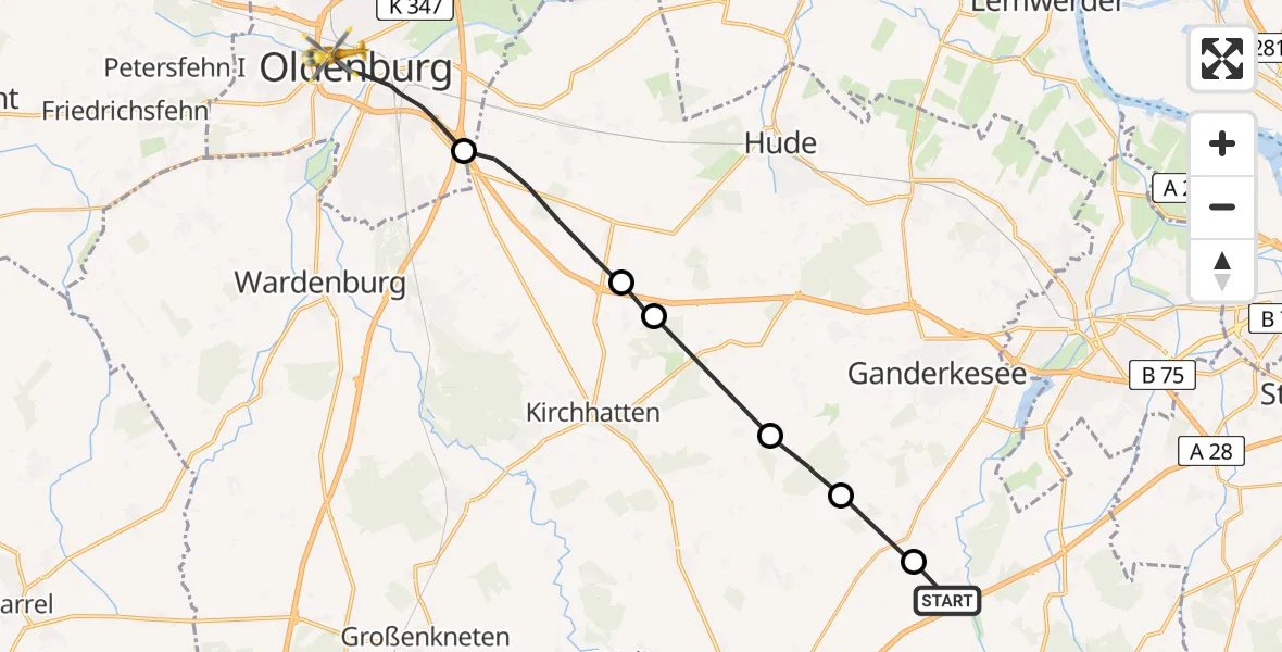 Flugroute Rettungshubschrauber Prinzhöfte - Oldenburg (Oldb), 10 August 2026, 11:16