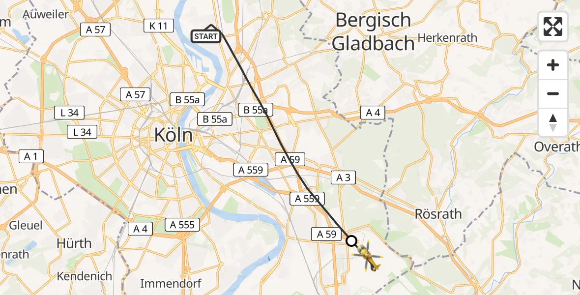 Flugroute Rettungshubschrauber Köln - Köln Bonn Flughafen, 10 August 2026, 11:17