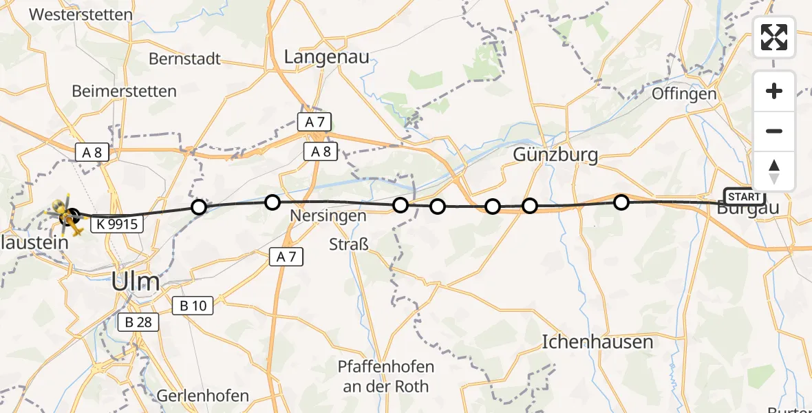 Flugroute Rettungshubschrauber Burgau - ADAC Air Rescue Station Ulm (Christoph 22), 10 August 2026, 11:20