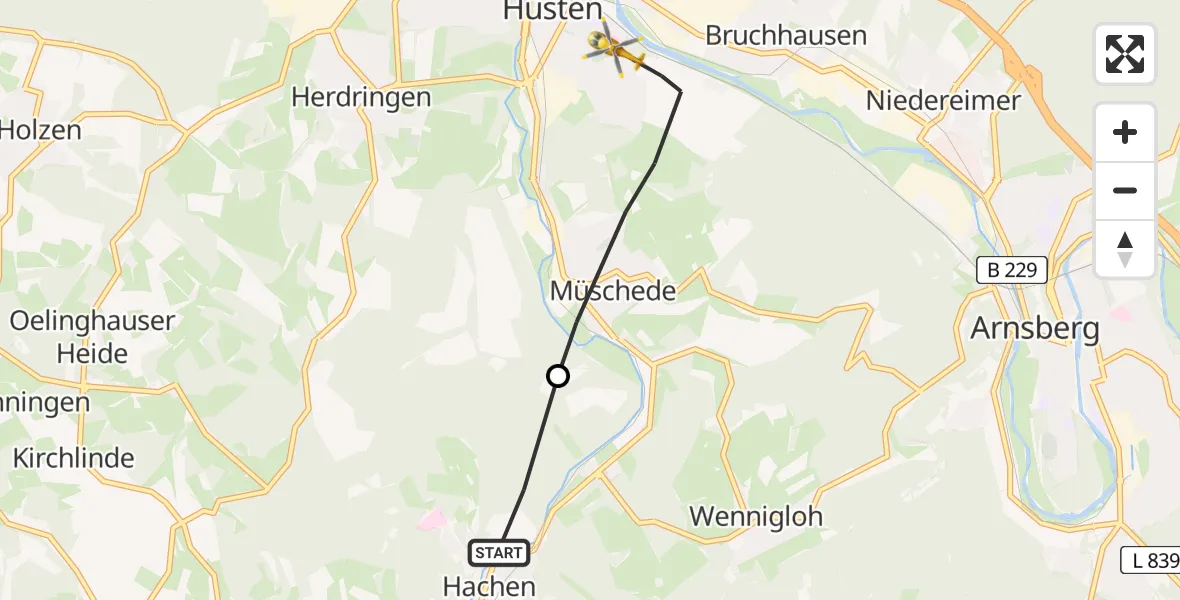 Flugroute Rettungshubschrauber Sundern (Sauerland) - Arnsberg, 10 August 2026, 11:27