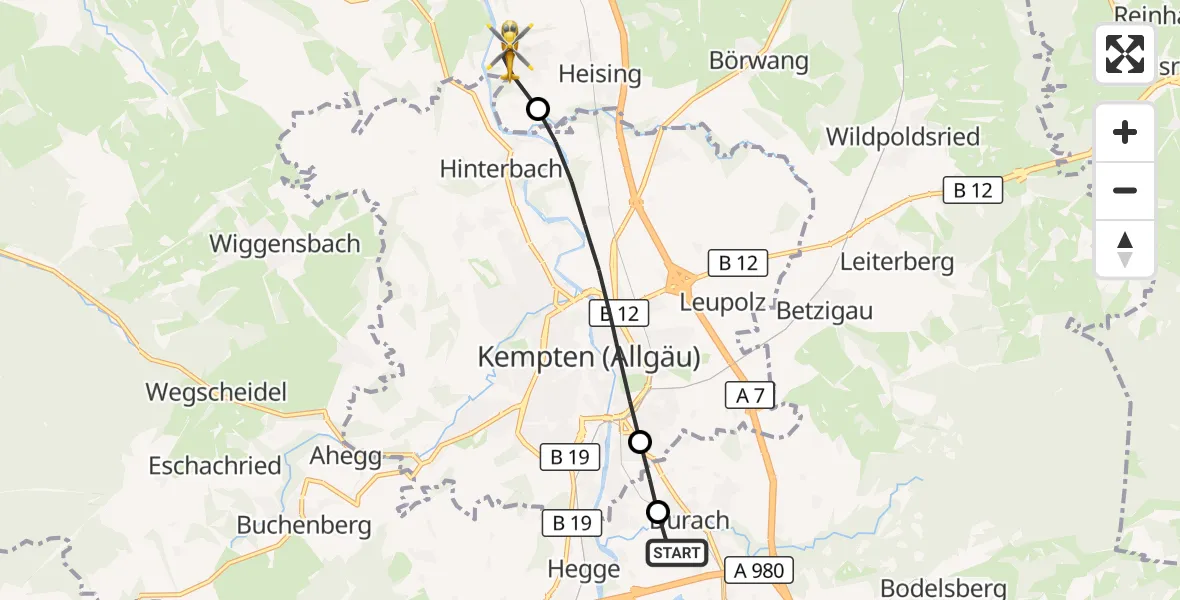 Flugroute Rettungshubschrauber Kempten-Durach Flugplatz - Lauben, 10 August 2026, 11:29