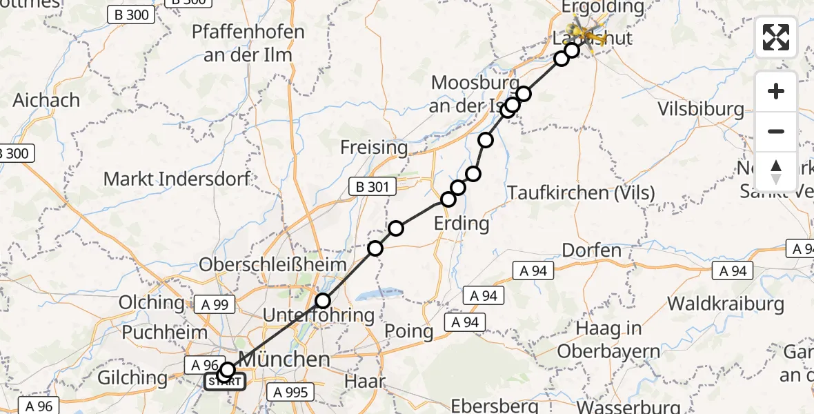 Flugroute Rettungshubschrauber DRF Air Rescue München Hubschrauberlandeplatz - Landshut Hospital Hubschrauberlandeplatz, 10 August 2026, 11:30