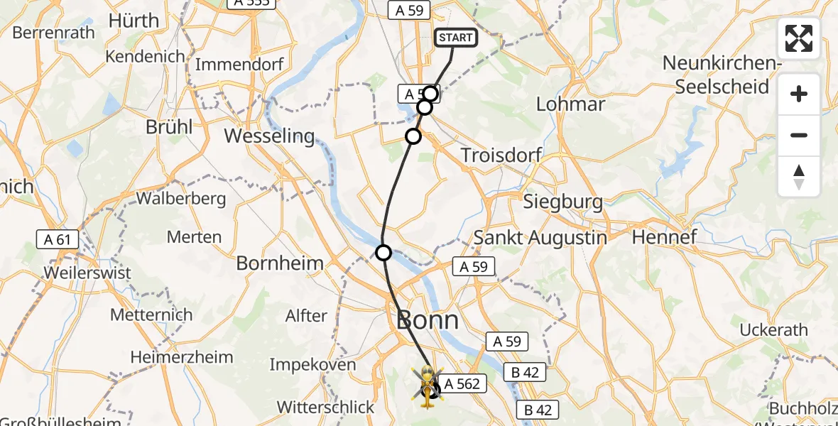 Flugroute Ambulanzhubschrauber Köln Bonn Flughafen - Bonn University Hospital, 10 August 2026, 11:33