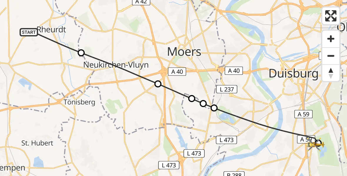 Flugroute Rettungshubschrauber Rheurdt - Duisburg Air Rescue Hubschrauberlandeplatz (Christoph 9), 10 August 2026, 11:37