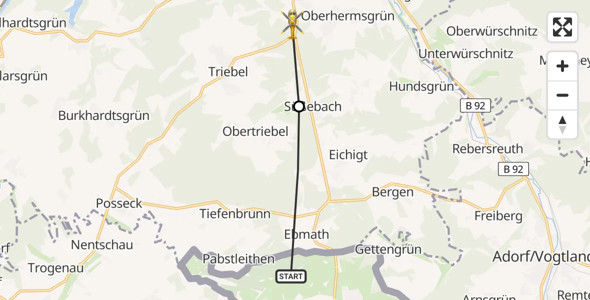 Flugroute Rettungshubschrauber Eichigt - Oelsnitz/Vogtl., 10 August 2026, 11:42
