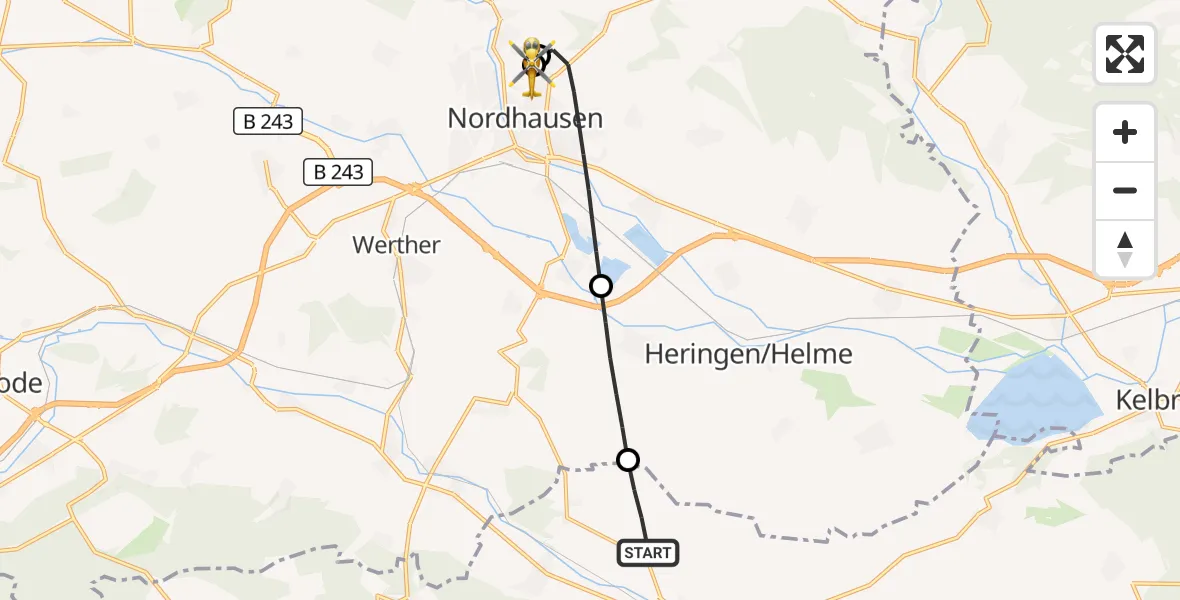 Flugroute Rettungshubschrauber Sondershausen - Südharz Hospital Nordhausen, 10 August 2026, 11:43