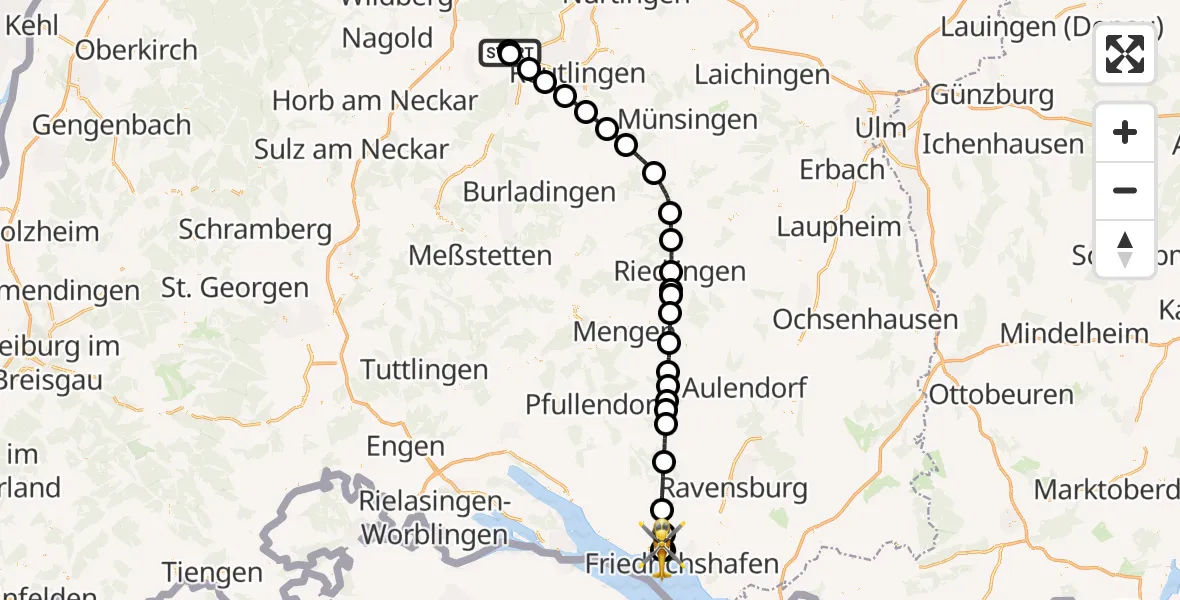 Flugroute Rettungshubschrauber Tübingen University Hospital - Friedrichshafen Hospital, 10 August 2026, 11:46