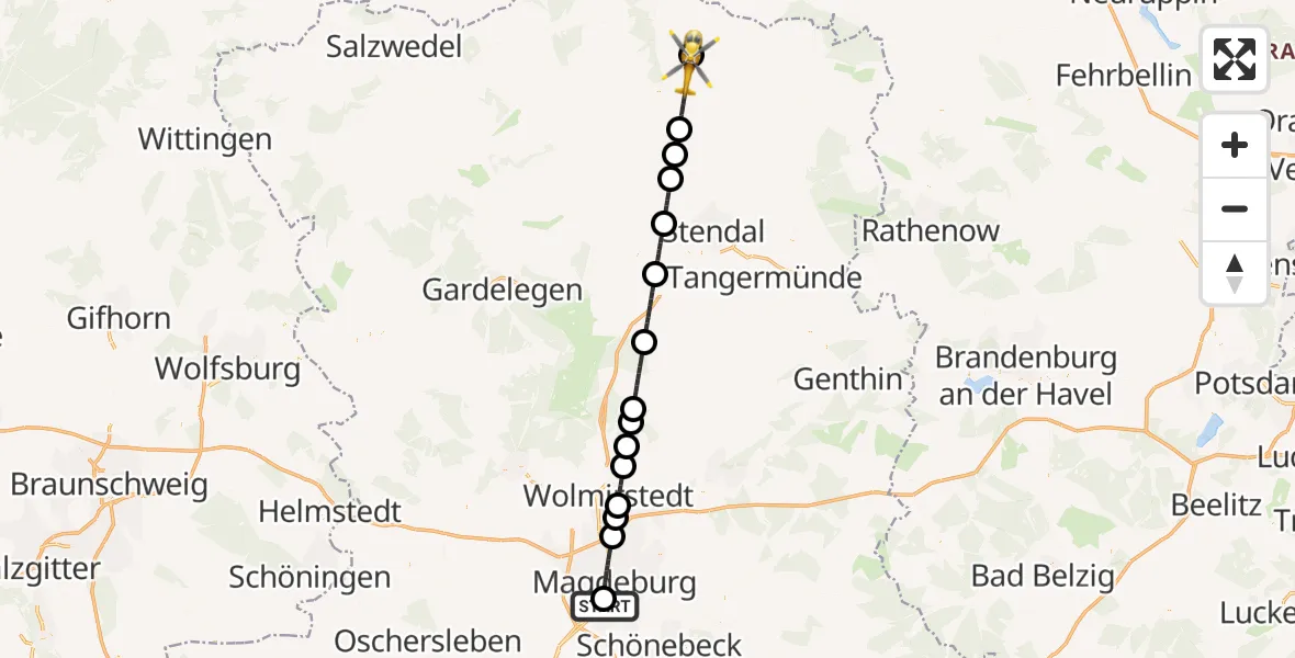 Flugroute Rettungshubschrauber Magdeburg University Hospital - Osterburg (Altmark), 10 August 2026, 11:48