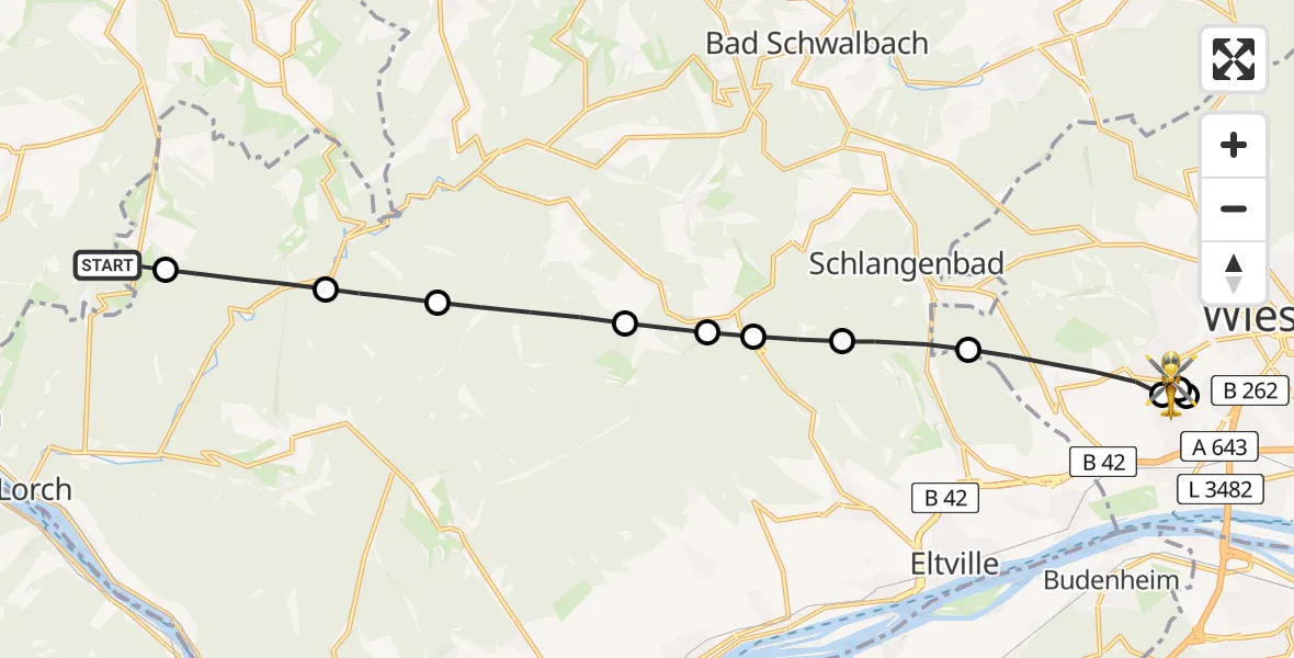 Flugroute Rettungshubschrauber Sauerthal - Helios Horst Schmidt Klinik (HSK) Hubschrauberlandeplatz, 10 August 2026, 11:50