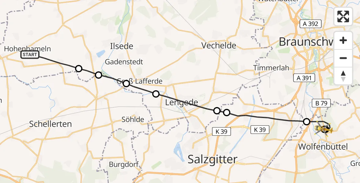 Flugroute Rettungshubschrauber Hohenhameln - Wolfenbüttel Municipal Hospital Heliport (Christoph 30), 10 August 2026, 11:51