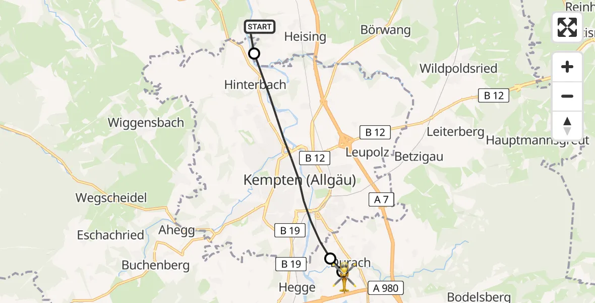 Flugroute Rettungshubschrauber Lauben - Kempten-Durach Flugplatz, 10 August 2026, 11:51