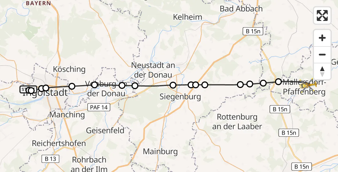 Flugroute Rettungshubschrauber Ingolstadt Hospital - Mallersdorf-Pfaffenberg, 10 August 2026, 11:52