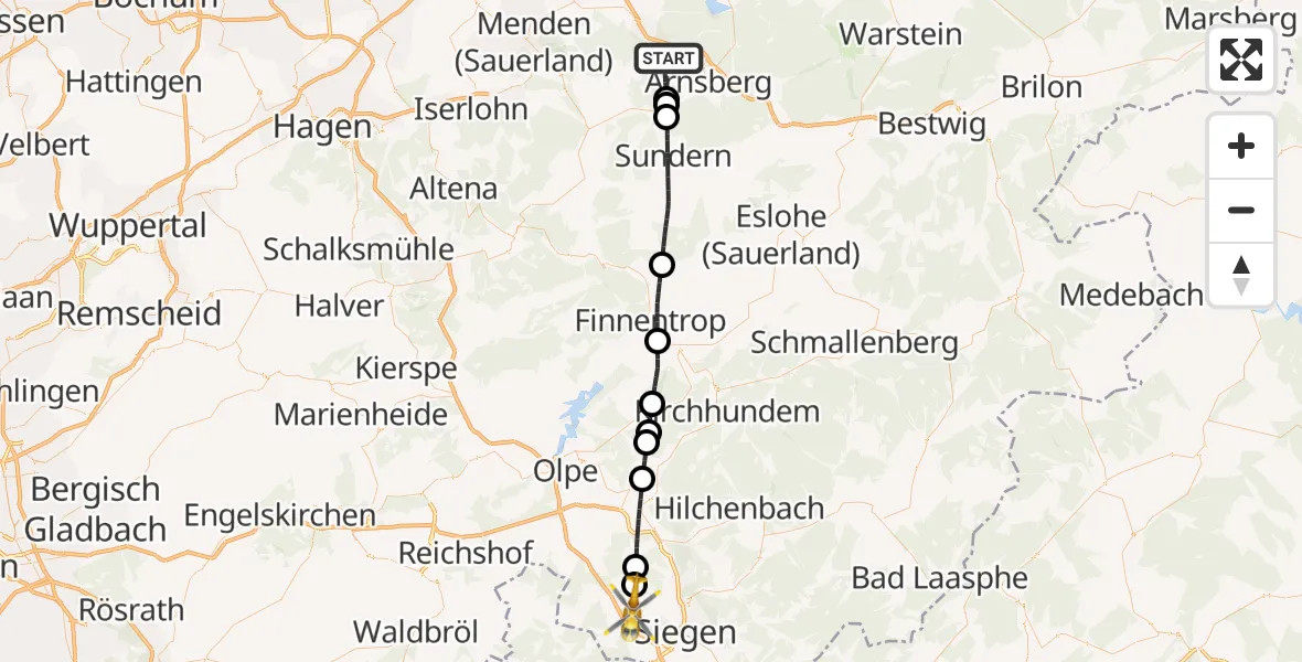 Flugroute Rettungshubschrauber Arnsberg - Freudenberg, 10 August 2026, 12:02