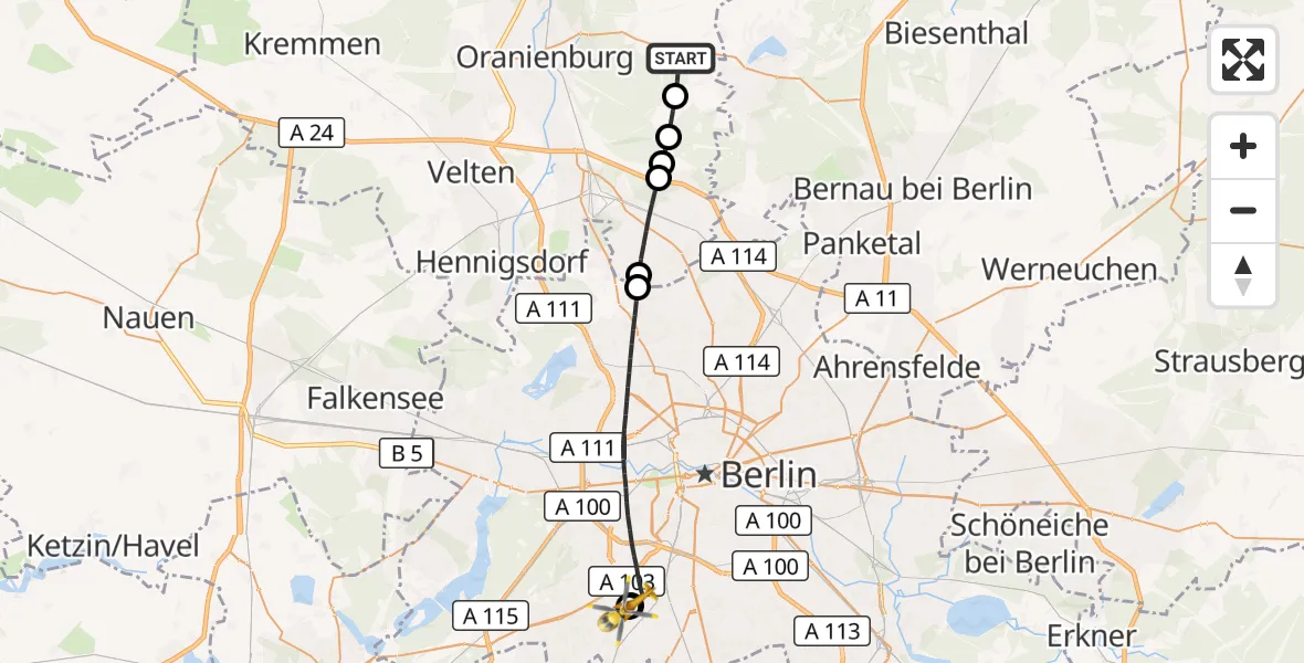 Flugroute Rettungshubschrauber Oranienburg - Charité Clinic Benjamin Franklin Campus, 10 August 2026, 12:03