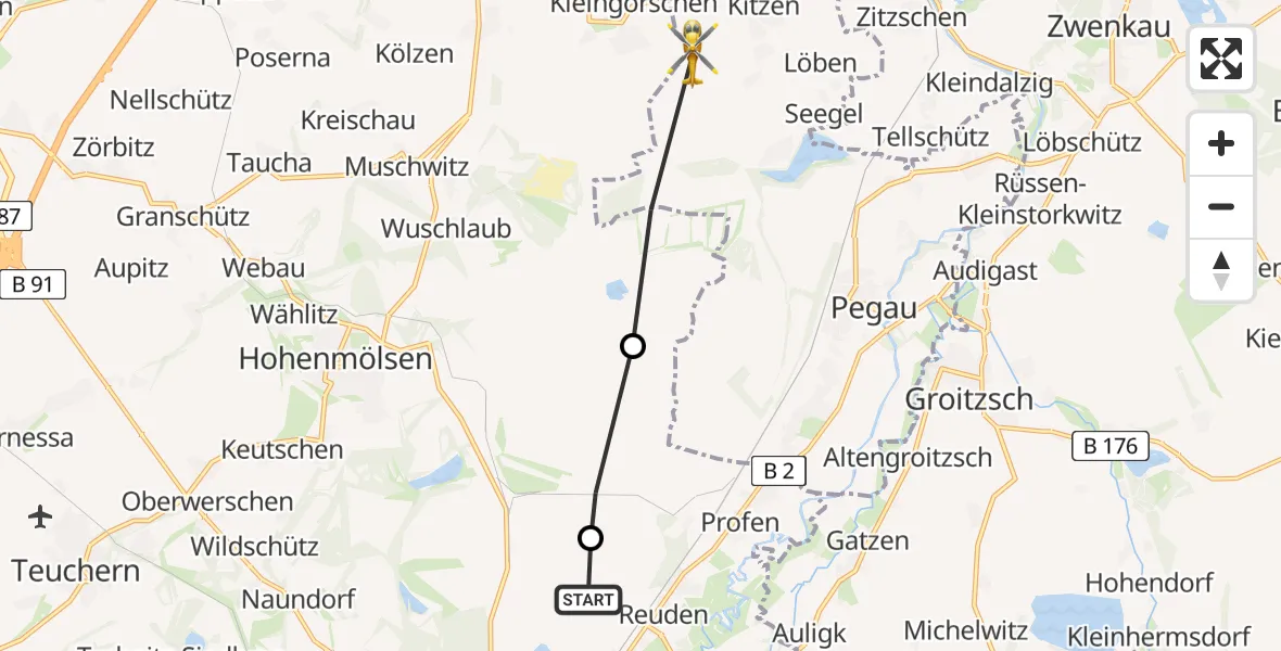 Flugroute Rettungshubschrauber Zeitz - Pegau, 10 August 2026, 12:05