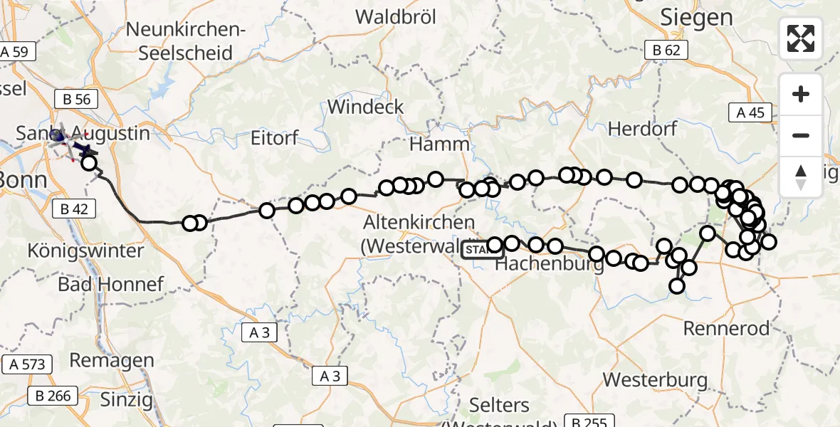 Flugroute Polizeihubschrauber Mudenbach - Sankt Augustin, 10 August 2026, 12:06