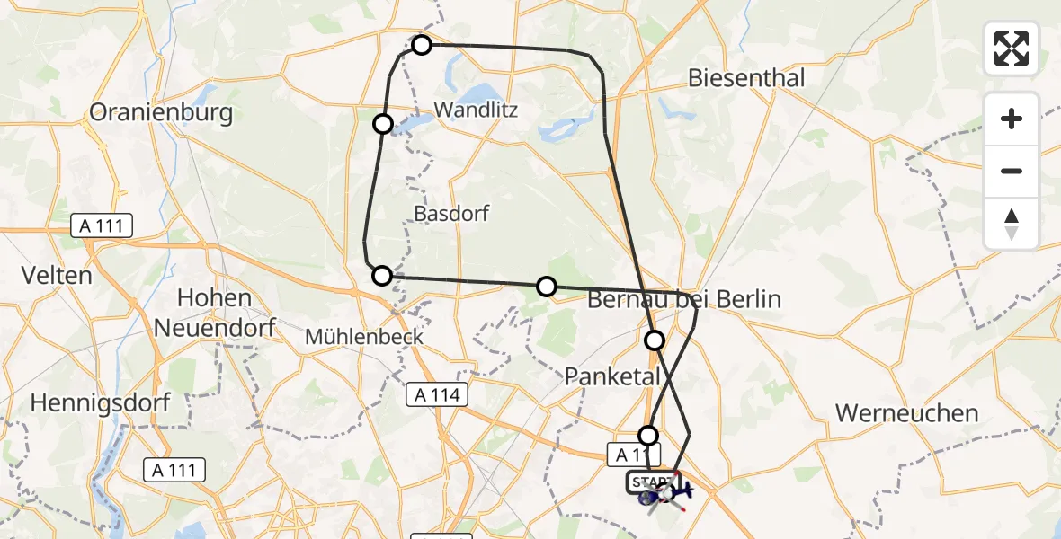 Flugroute Polizeihubschrauber Panketal - Ahrensfelde Hubschrauberlandeplatz, 10 August 2026, 12:07