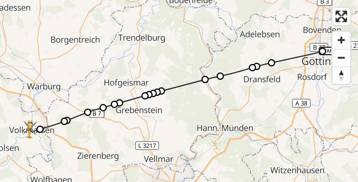 Flugroute Rettungshubschrauber Göttingen University Clinic Hubschrauberlandeplatz - Volkmarsen, 10 August 2026, 12:09