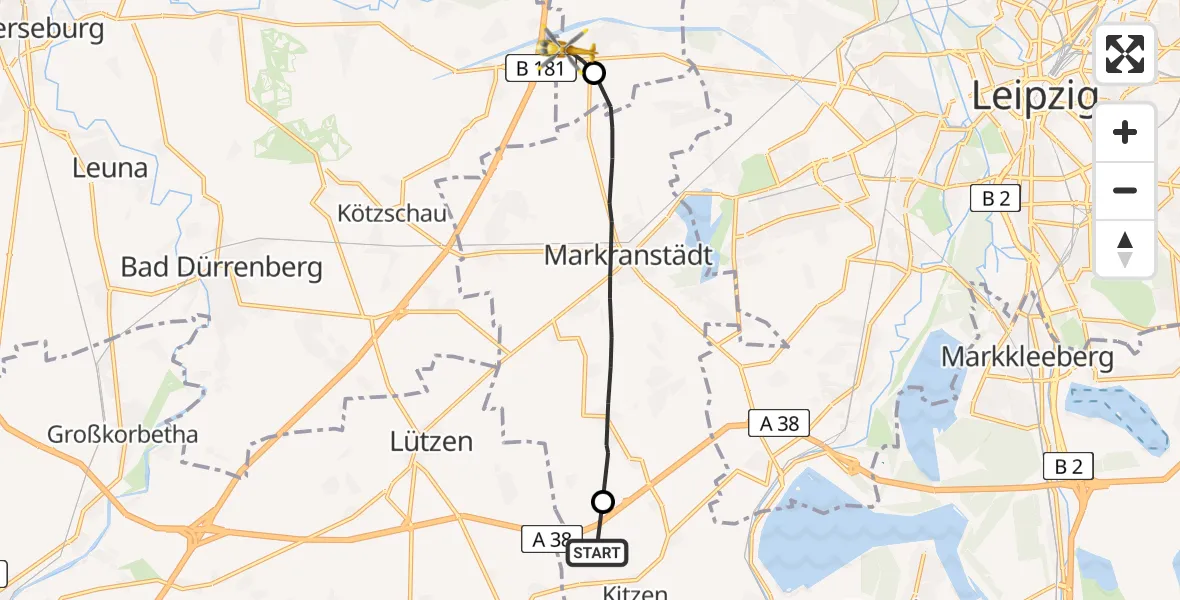 Flugroute Rettungshubschrauber Pegau - ADAC Air Rescue Station Leipzig/Schkeuditz-Dölzig Hubschrauberlandeplatz (Christoph 61), 10 August 2026, 12:09