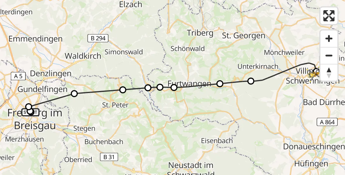 Flugroute Ambulanzhubschrauber Freiburg University Hospital Heliport 1 - DRF Air Rescue Station Villingen-Schwenningen Hubschrauberlandeplatz (Christoph 11), 10 August 2026, 12:16