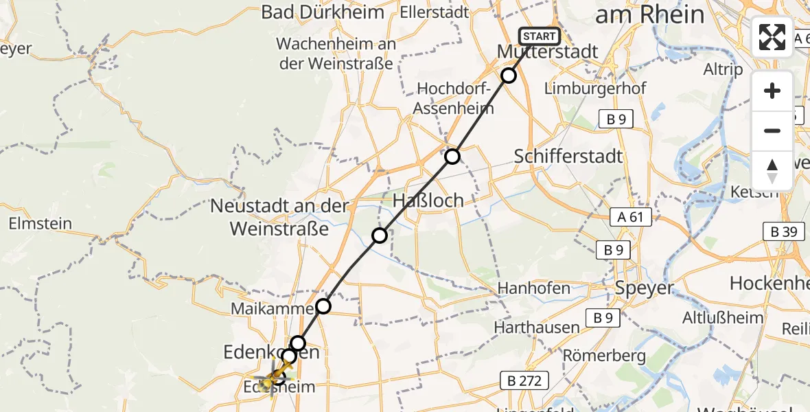 Flugroute Rettungshubschrauber Mutterstadt - Edesheim, 10 August 2026, 12:21