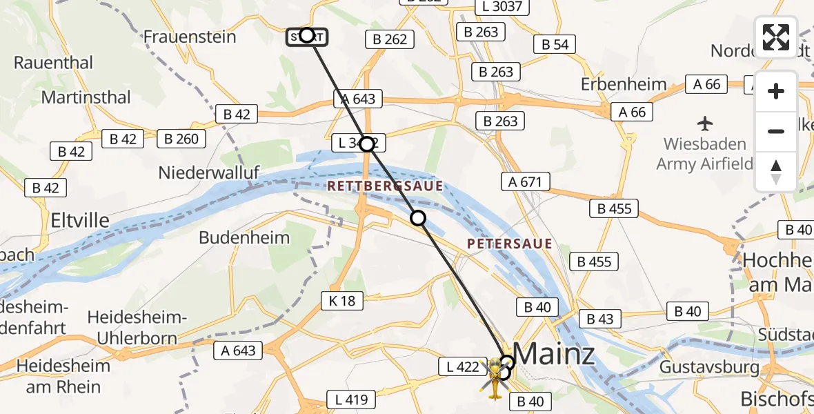 Flugroute Rettungshubschrauber Helios Horst Schmidt Clinic (HSK) - Mainz University Hospital, 10 August 2026, 12:21
