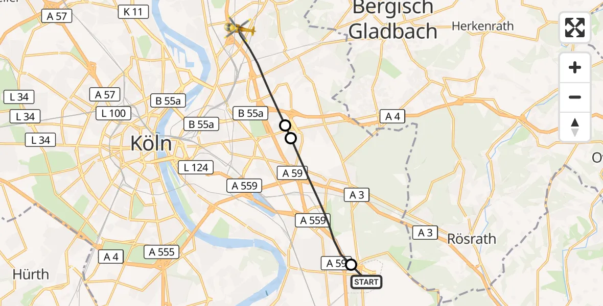 Flugroute Rettungshubschrauber Köln Bonn Flughafen - Köln, 10 August 2026, 12:24