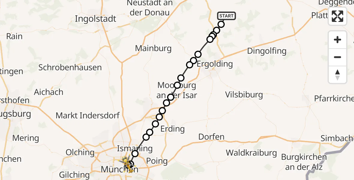 Flugroute Rettungshubschrauber Mallersdorf-Pfaffenberg - München Bogenhausen Hospital, 10 August 2026, 12:25