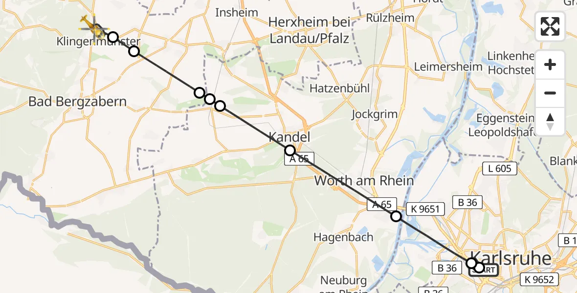 Flugroute Ambulanzhubschrauber Sankt Vincentius Hospital - Klingenmünster, 10 August 2026, 12:26
