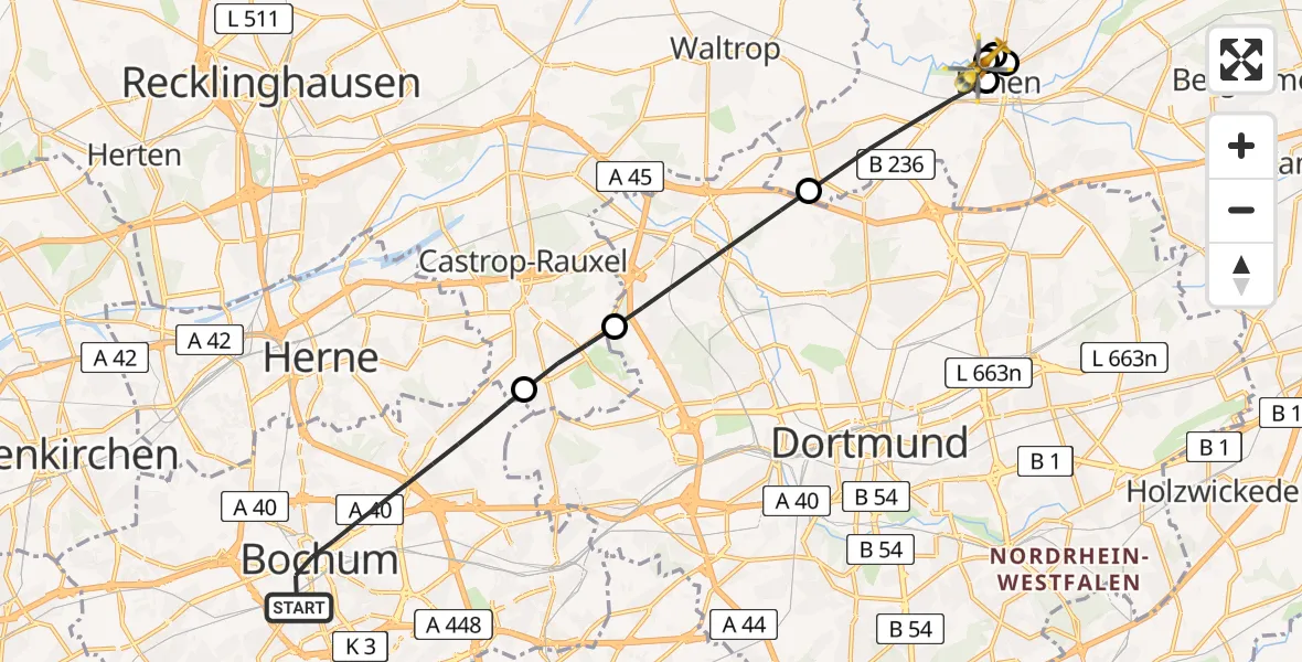 Flugroute Ambulanzhubschrauber Bochum - Sankt Marien Hospital, 10 August 2026, 12:26