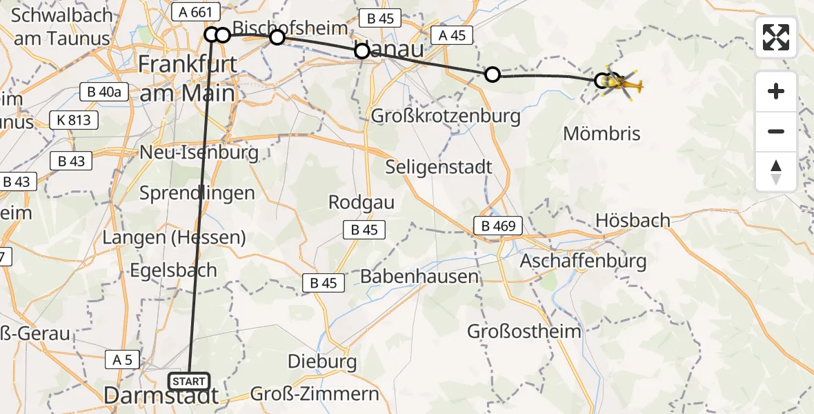 Flugroute Rettungshubschrauber Darmstadt - Geiselbach, 10 August 2026, 12:29