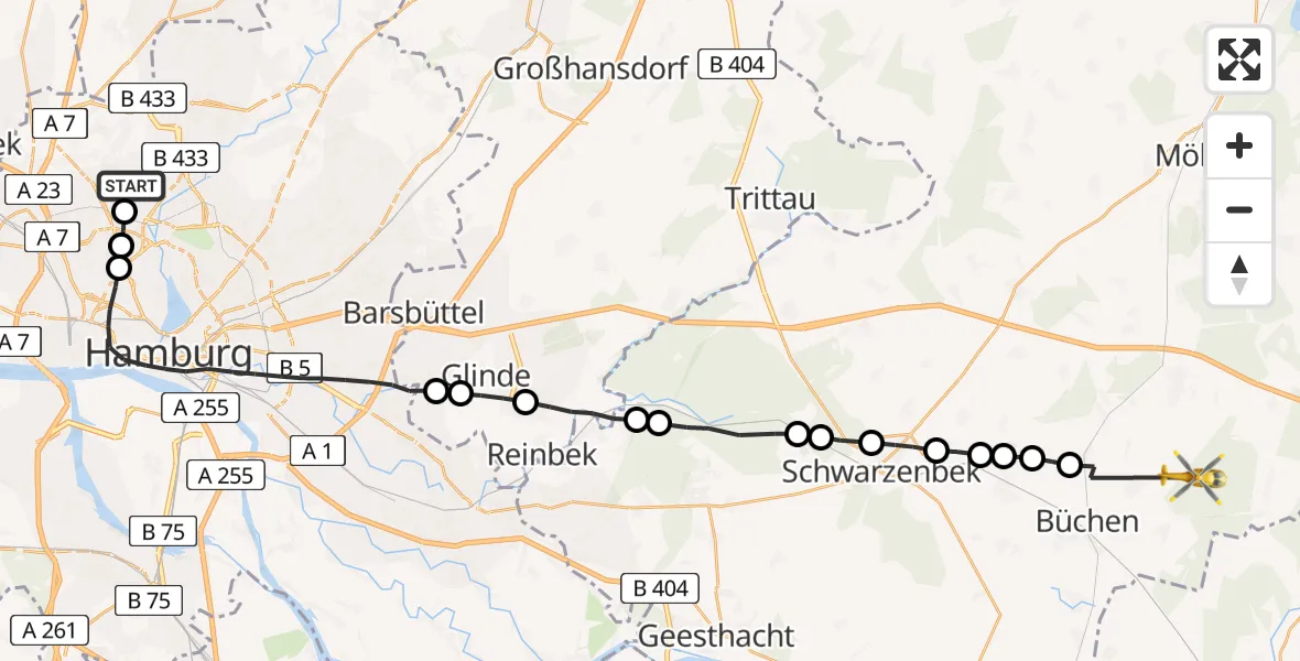 Flugroute Rettungshubschrauber Hamburg Helmut Schmidt Flughafen - Langenlehsten, 10 August 2026, 12:35