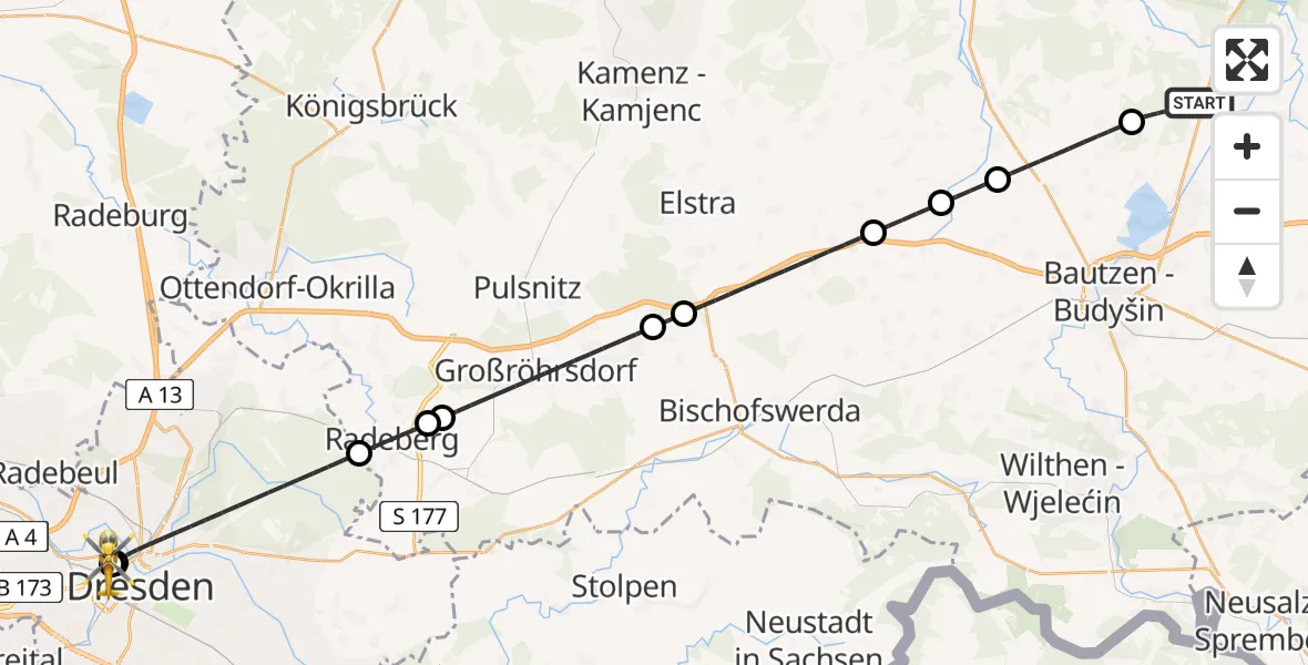 Flugroute Rettungshubschrauber Großdubrau - Dresden Friedrichstadt Hospital, 10 August 2026, 12:36