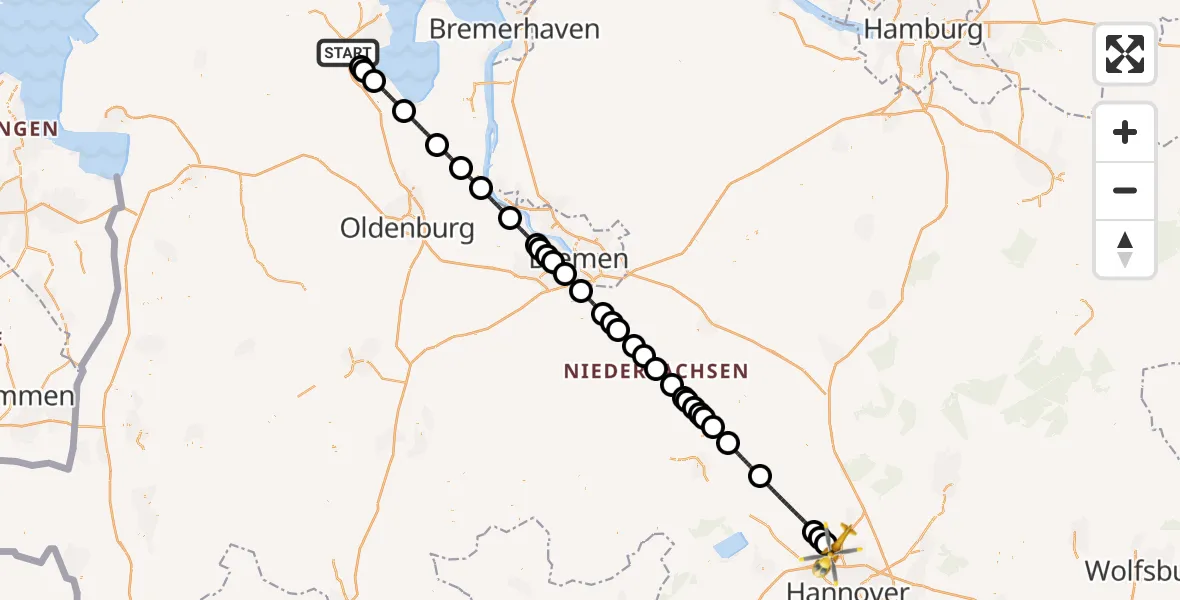 Flugroute Rettungshubschrauber Sande - Flughafen Hannover, 10 August 2026, 12:43