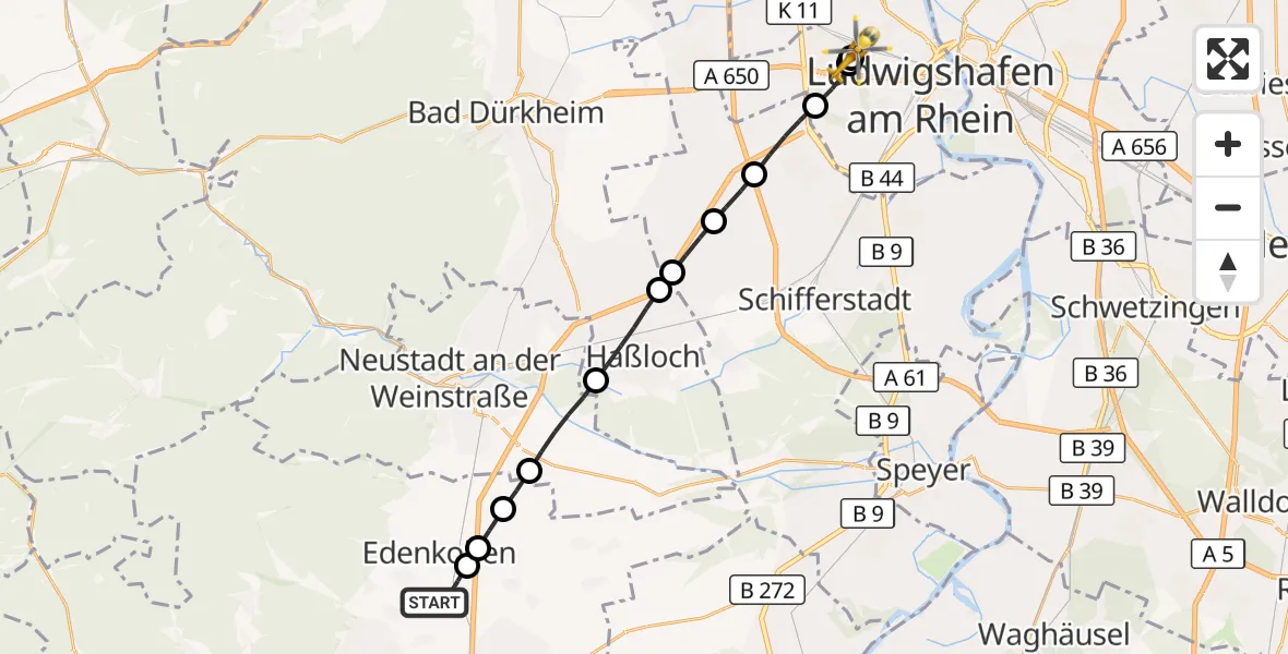 Flugroute Rettungshubschrauber Edesheim - Ludwigshafen Accident Hospital, 10 August 2026, 12:57