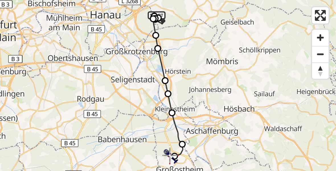 Flugroute Polizeihubschrauber Rodenbach - Flugplatz Aschaffenburg, 10 August 2026, 12:58