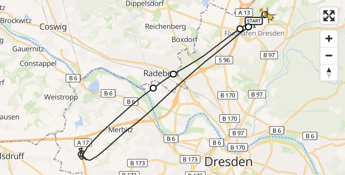Flugroute Rettungshubschrauber Dresden Flughafen - Dresden Bundespolizei Hubschrauberlandeplatz, 10 August 2026, 12:59