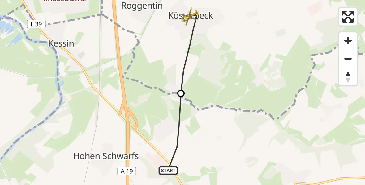 Flugroute Ambulanzhubschrauber Dummerstorf - Roggentin, 10 August 2026, 12:59