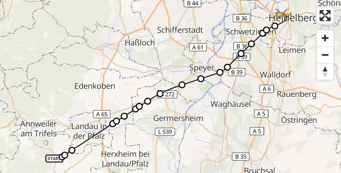 Flugroute Ambulanzhubschrauber Klingenmünster - Heidelberg, 10 August 2026, 13:02