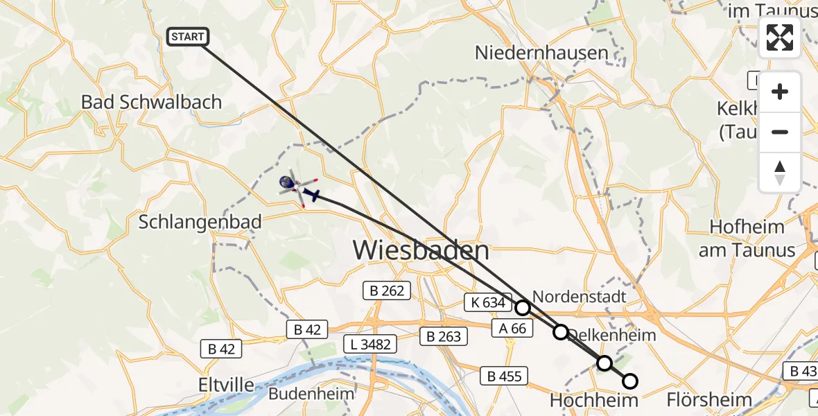 Flugroute Polizeihubschrauber Bad Schwalbach - Wiesbaden, 10 August 2026, 13:03